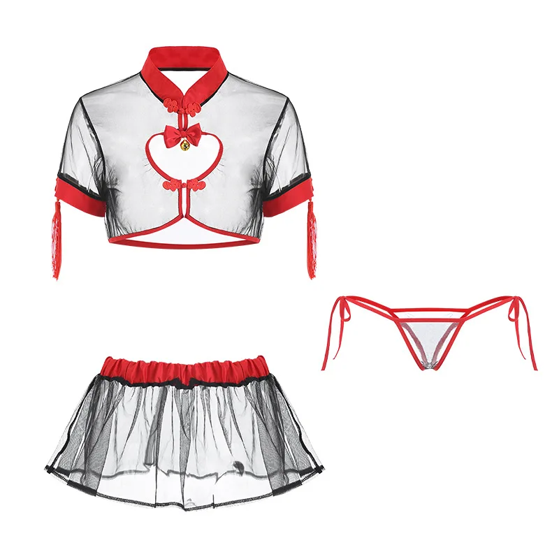 

New Retro Cheongsam Pajamas Set Sexy Lingerie Mesh Knot Tops with Panty 3pcs Lolita Maid Cosplay Uniform Female Chinese Style