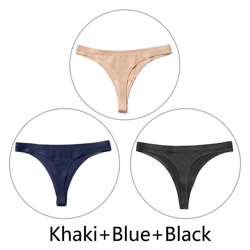 Khaki-Blue-Black 3 шт./партия, Сексуальные Бесшовные прозрачные трусики, женские трусики с низкой талией, трусики-стринги, нижнее белье, женские трусы-танга, стринги большого размера - Цвет: Khaki-Blue-Black