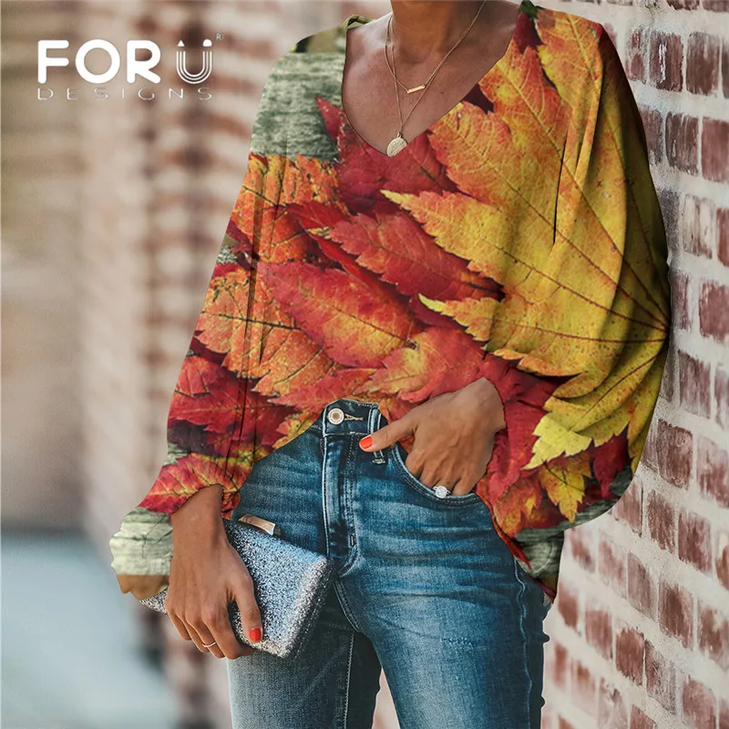 

FORUDESIGNS Large Size Women Blouse 3D Maple Leaf Print 2020 Casual Loose Long Sleeve Shirt Tops V-neck Female Clothing