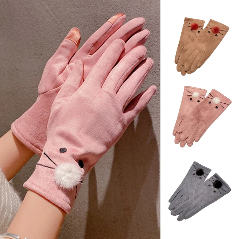 

Women Solid Color Gloves Winter Full Finger Gloves Touchscreen Gloves Embroidered Cat Gloves Windproof Outdoor Gloves