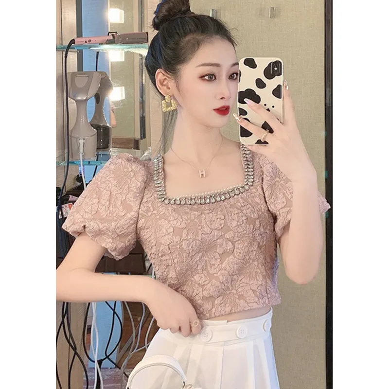 

Real Shot 2021 New Summer Fashion Ladies Elegant Design Simple Puff Sleeve Beaded Square Collar Temperament Blouse