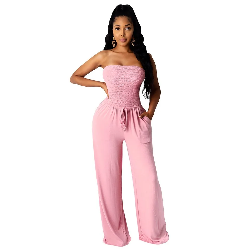 

Casual Sleeveless Women Jumpsuits Sexy Strapless Lace Up Loose Overalls with Pocket Summer Fashion Party Women Rompers Outfit