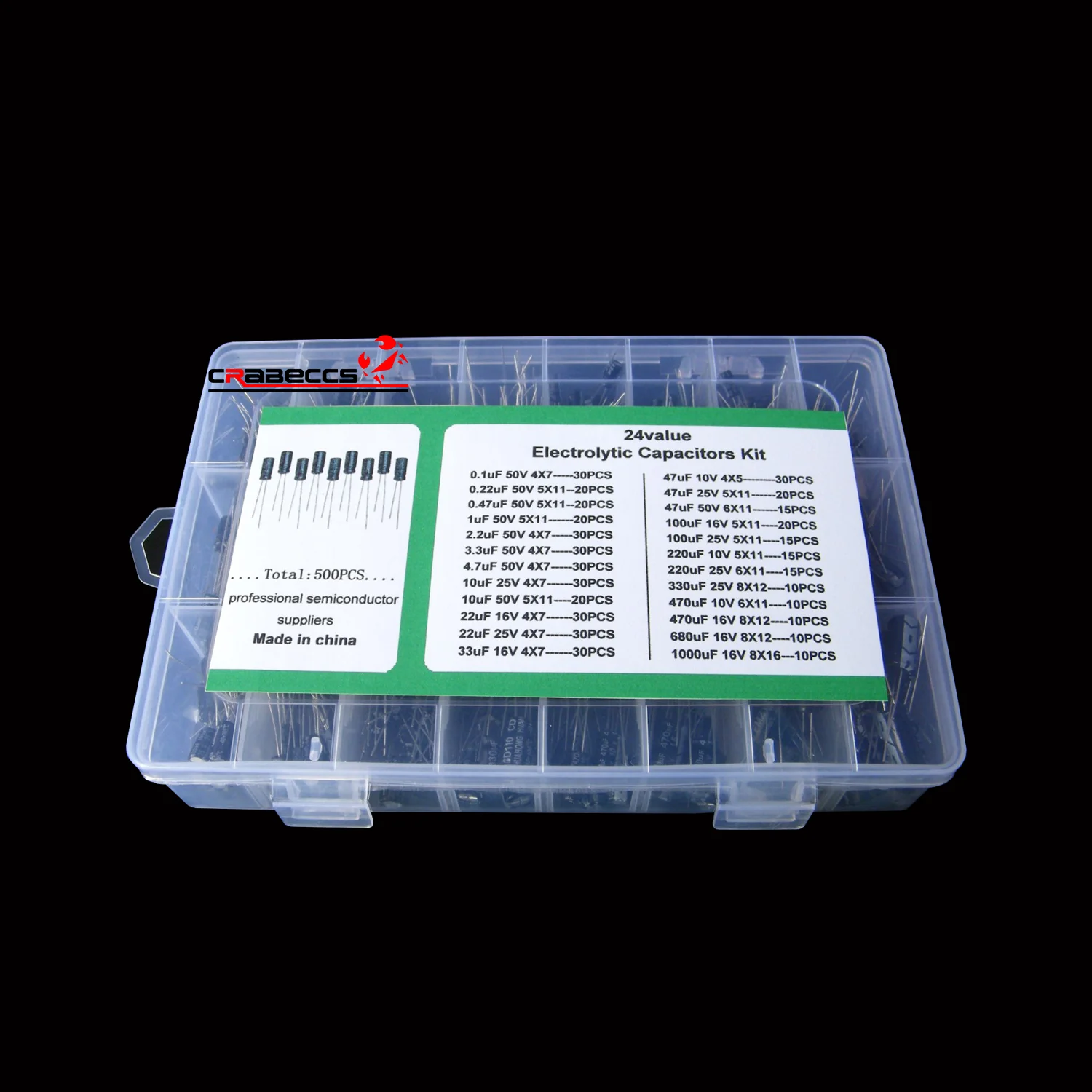 

500PCS/lot 24 specifications mixed electrolytic capacitor kit storage box electronic DIY 0.1uF-1000uF 10V 16V 25V 50