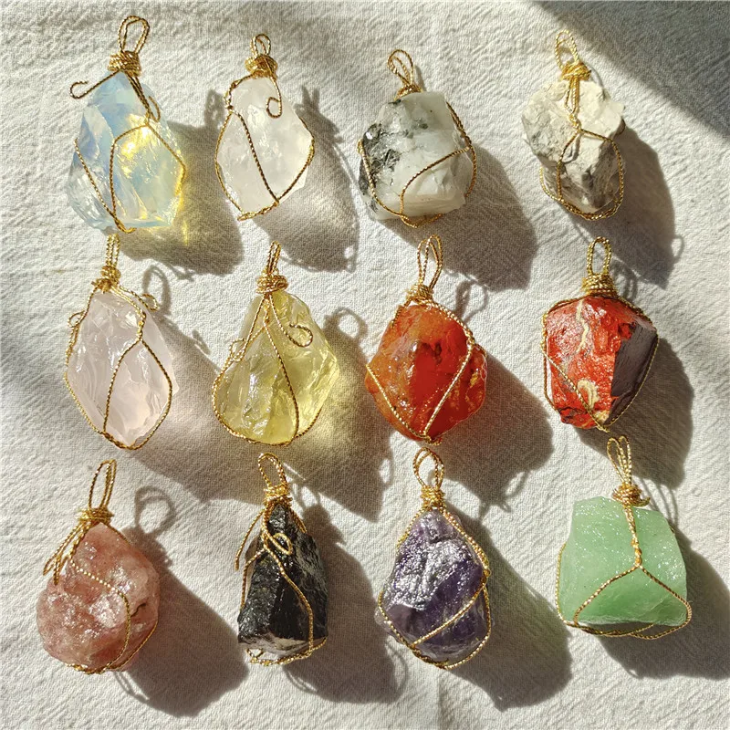 

Wholesale Natural Crystal Rough Stone Jewelry Gold Wire Pendant Necklace Raw Stone Wrapped Braided Rose Quartz Pendant For Gift