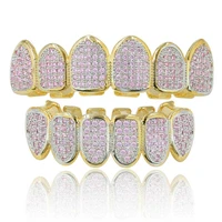 hip hop pink cz zircon paved bling iced out teeth grillzs top bottom set dental grills men rapper gold color jewelry new punk