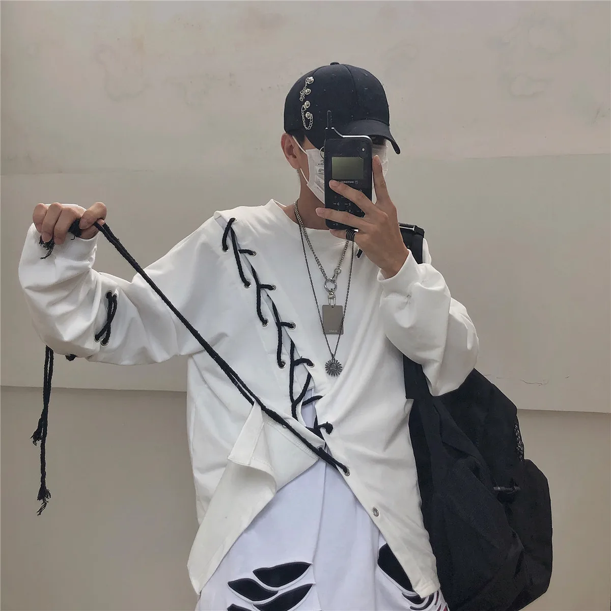 Yoji Темный ветер ins супер огонь Высокая уличная хип хоп личность diy привязанная полоса пропускания Свободный Длинный Рукав Толстовка для мужчин и женщин WGWY88