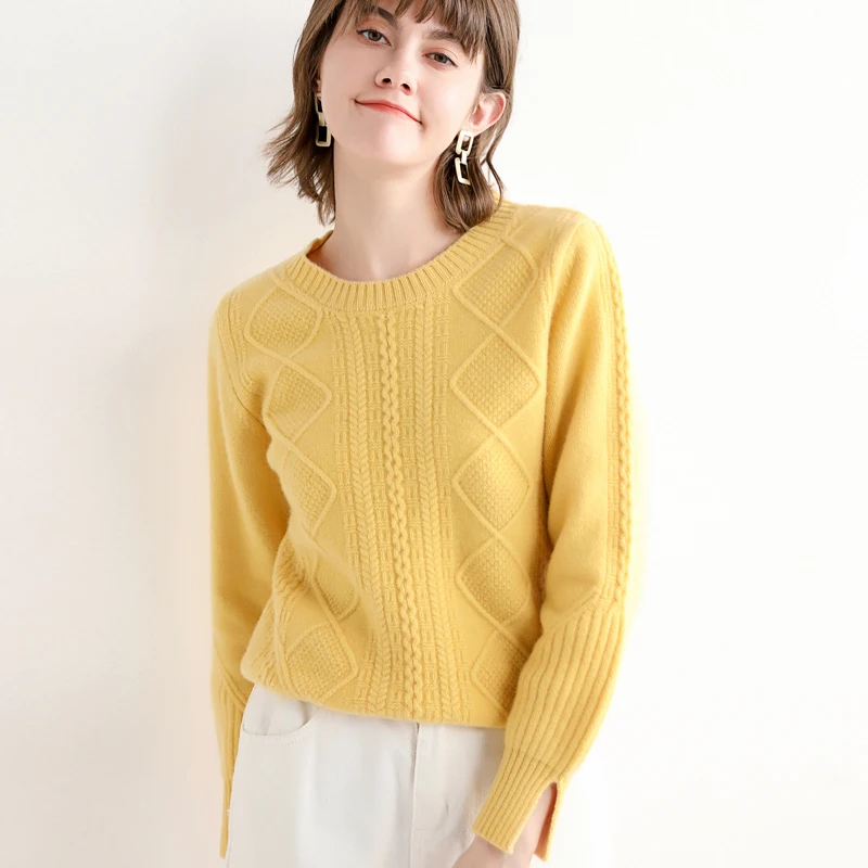 

winter New round neck cashmere sweater women's thickened short pullover flower slim twist sweater