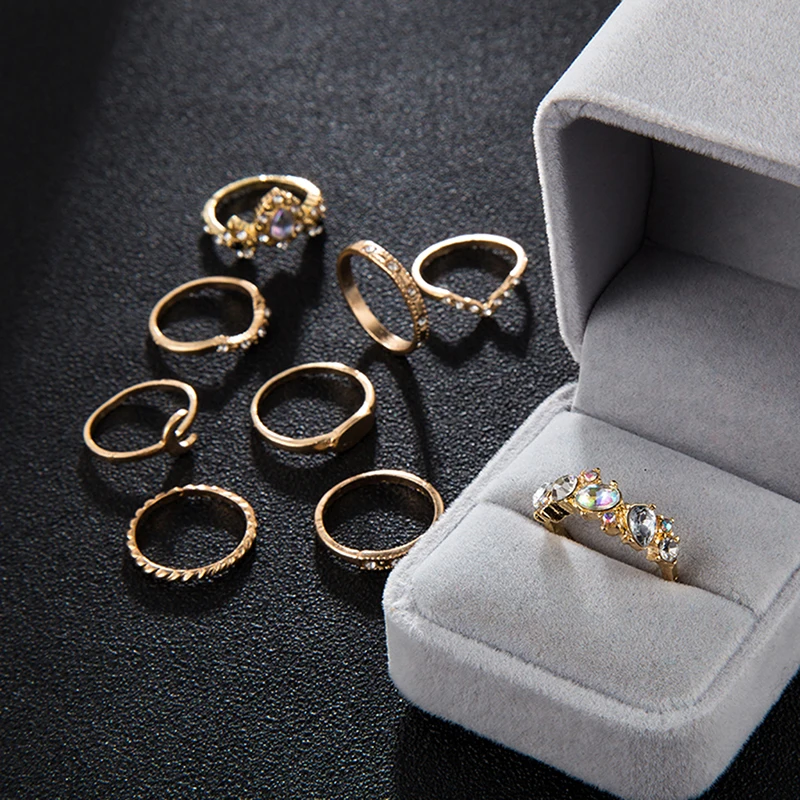 9 шт./компл. набор золотых колец в форме Луны с кристаллами V для женщин турецкое