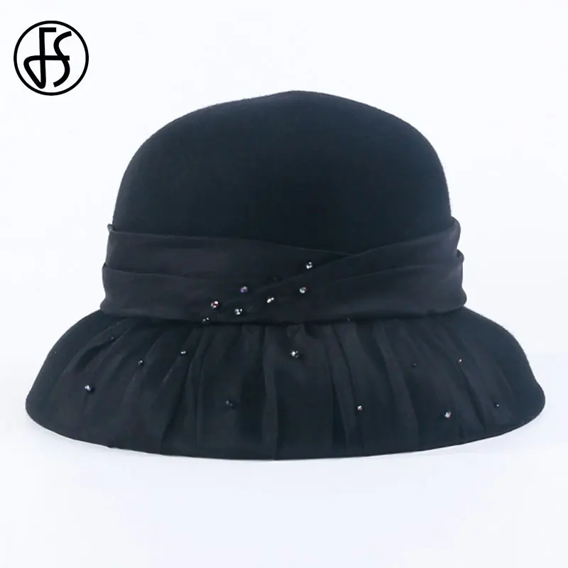 Женская винтажная шляпка Колокол FS шерстяная котелок с широкими полями черного