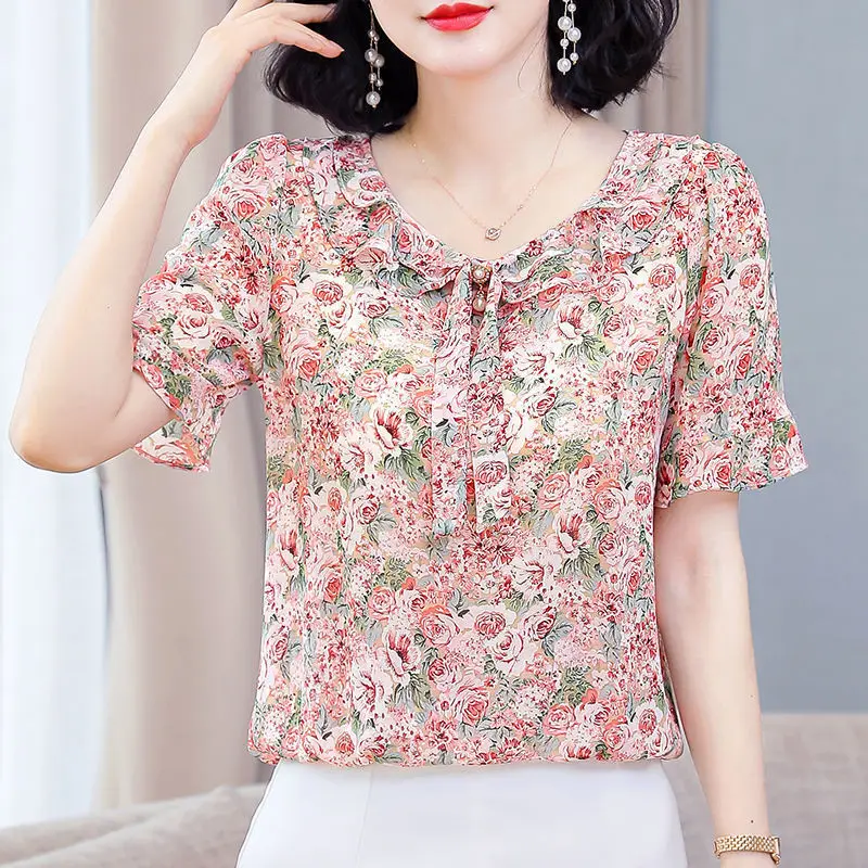 

Elegant Women Shirts Short Sleeve V-Neck Temperament Floral Print Blouses Summer Bow-Knot Ladies Blusas Chiffon Tops MM0743