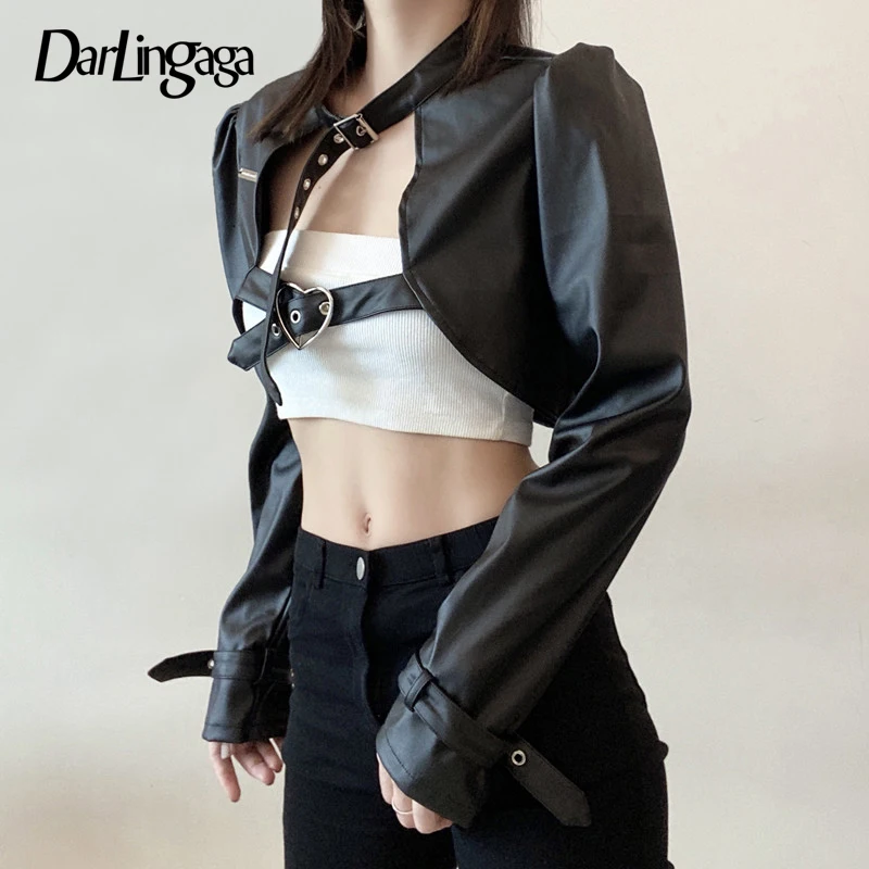 

Darlingaga Streetwear Punk Style Buckles Black PU Leather Jacket Women Spring Autumn Smock Cropped Coat Cardigan Fashion Outfits