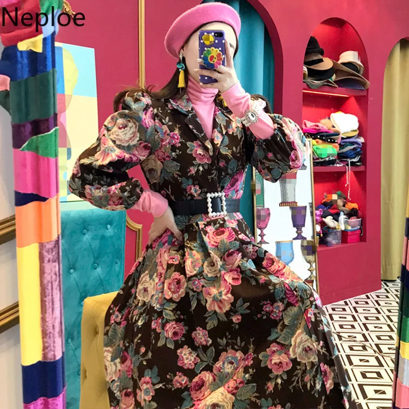 Neploe корейское шикарное Ретро стиль одна грудь платье с принтом высокая талия