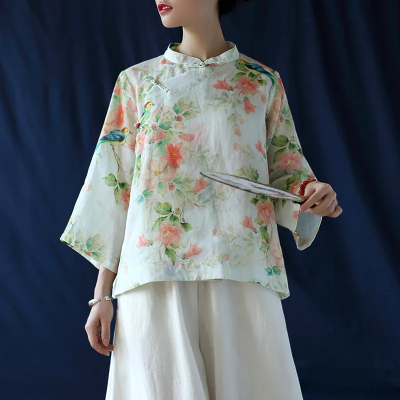 

Женская винтажная льняная рубашка Johnature, блузка из рами с принтом, рукавами девять четвертей, воротником-стойкой и пуговицами, 2021