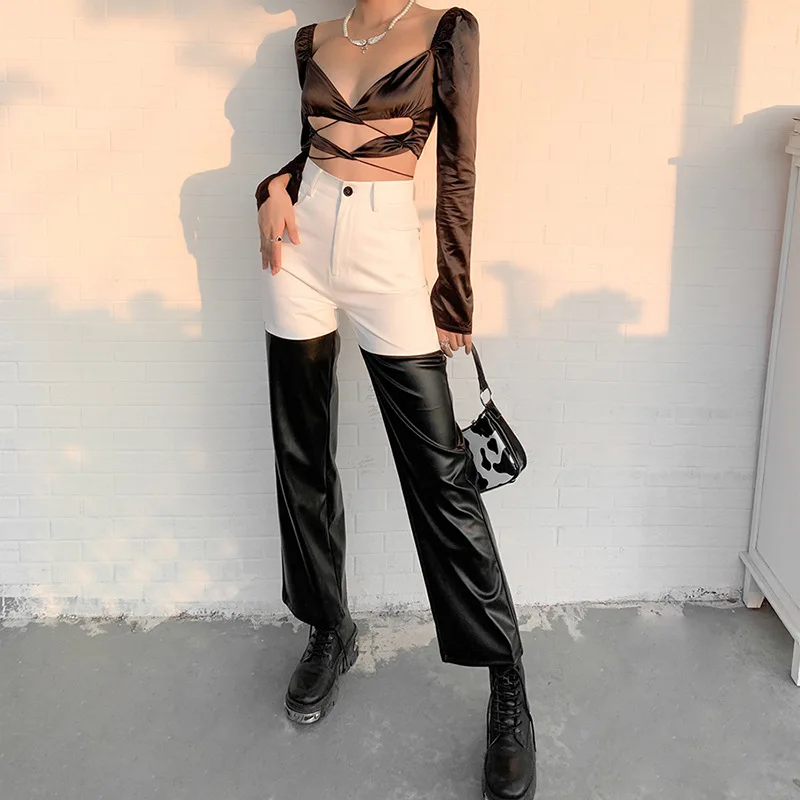 

Брюки женские прямые кожаные составного кроя с завышенной талией, черные/белые