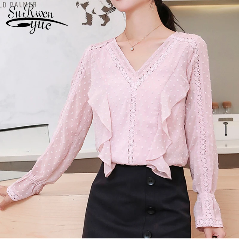 

womens tops and blouses long sleeve chiffon lace shirt blusas mujer de moda ladies tops and blouses 2021 blouse women 6326 50