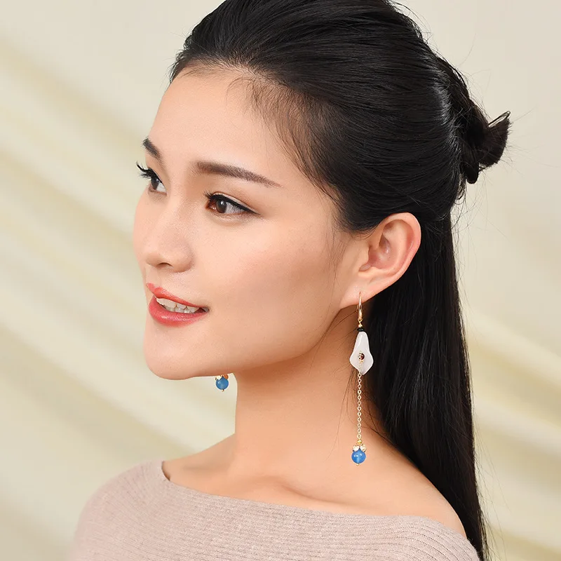 

Calla Lily Powder Crystal Long Earrings Antique Jade Earrings Simple Earrings