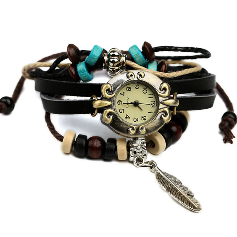 

Best selling leather bracelet watch pure leather bracelet watch feather pendant men and women fashion watch wholesale