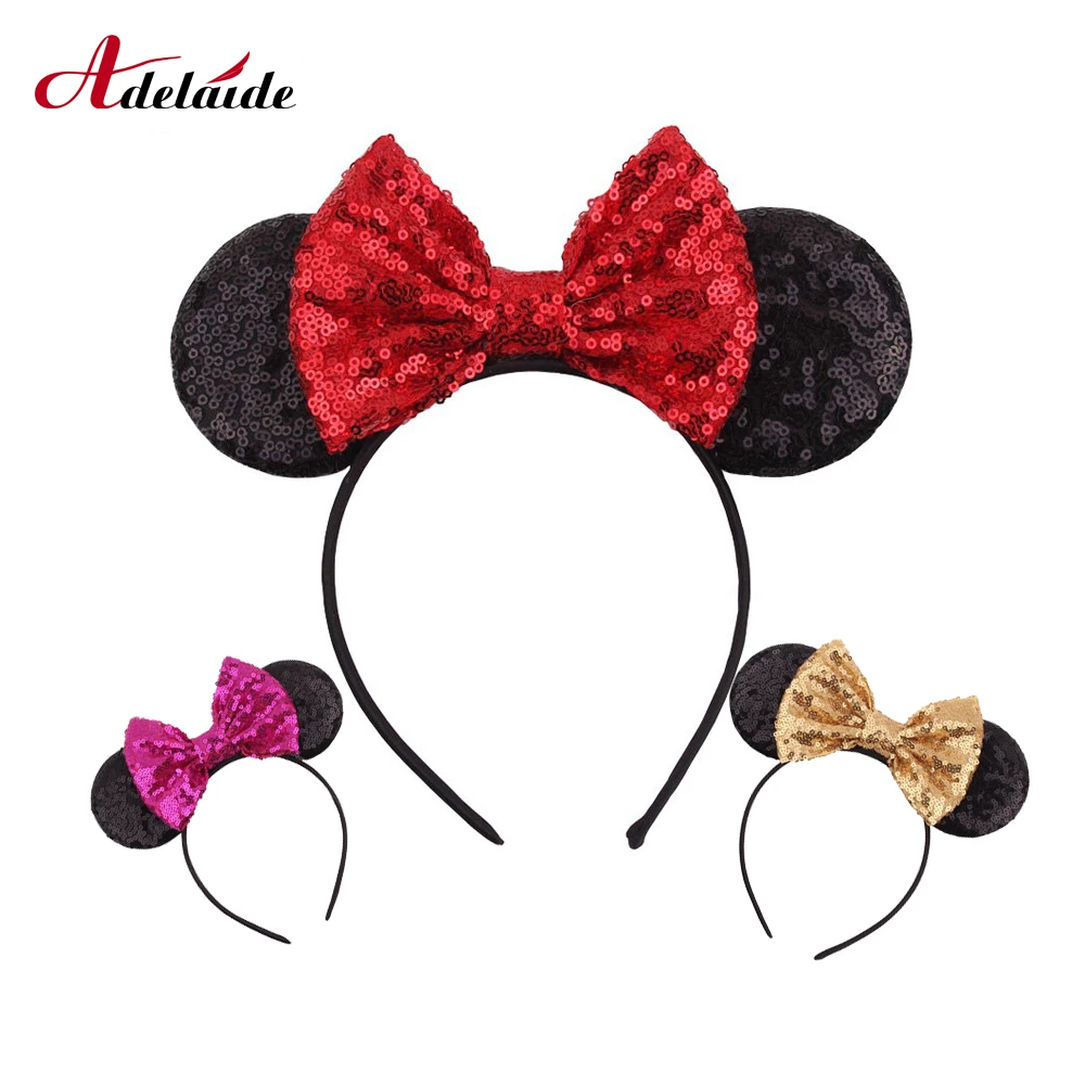  Fashion Minnie Mouse Sequin Ears Hairband With Sequin Hair Bows For Kids Girls Cute Bow Headband Hair Hoop Hair Accessories