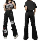 Женские готические брюки-карго Cyber Y2k, свободные брюки с заниженной талией, широкие мешковатые джинсы, блестящая одежда для ночного клуба, осенняя уличная одежда