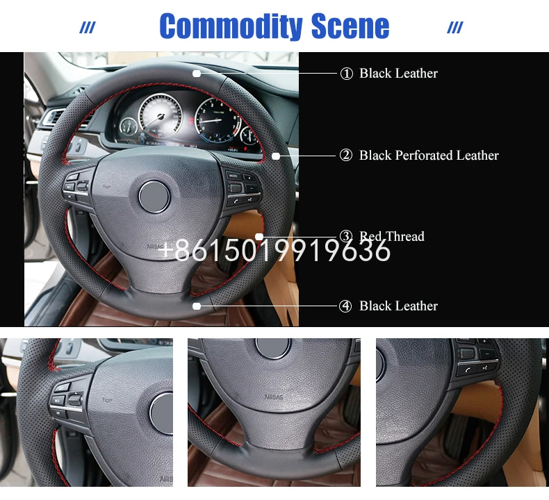 Чехол на руль автомобиля из черной кожи с ручным стежком для BMW F10 523Li 525Li 2009 730Li 740Li