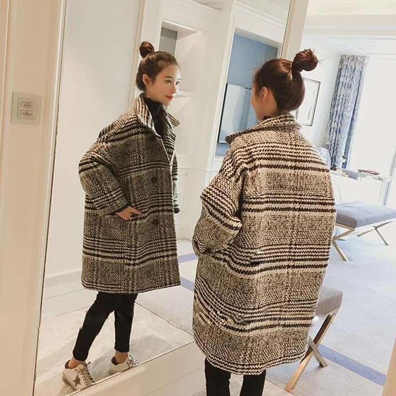 

Winter Woolen Coat Women Classic Plaid Mid-long Outwear Womens Pockets Chic Loose 2XL Harajuku Korean Style All-match Elegant