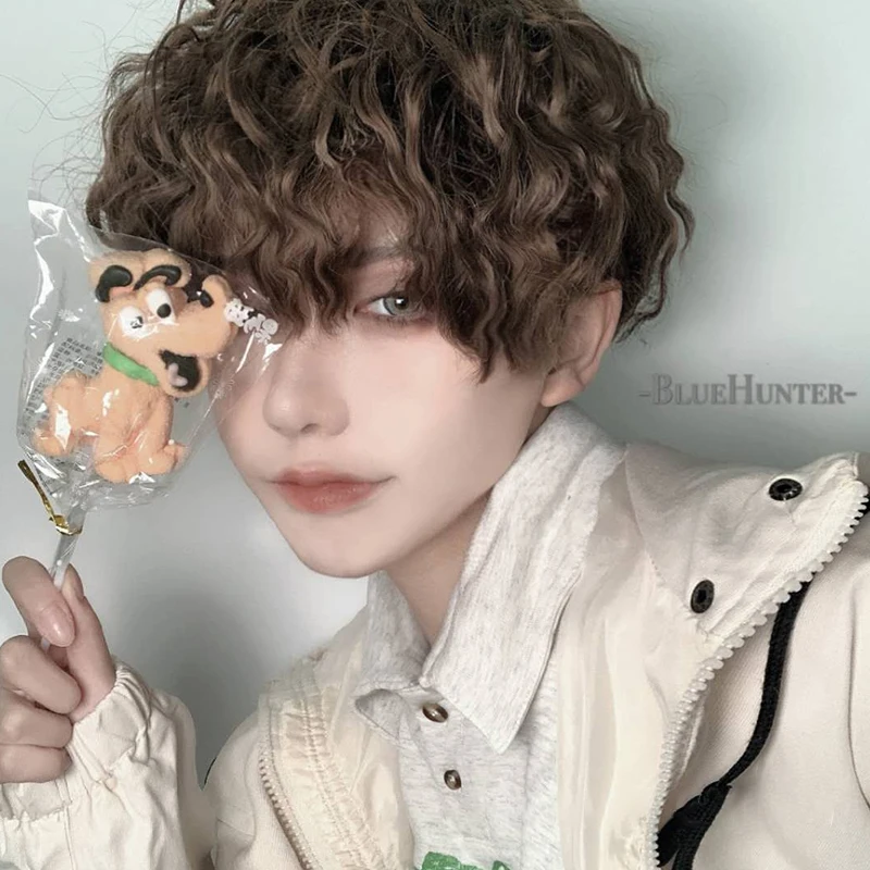 

LM Short Wig Synthetic Fashion Male Party Cosplay Costume Wigs Heat Resistant Fiber Black Brown Curly Hair Wig