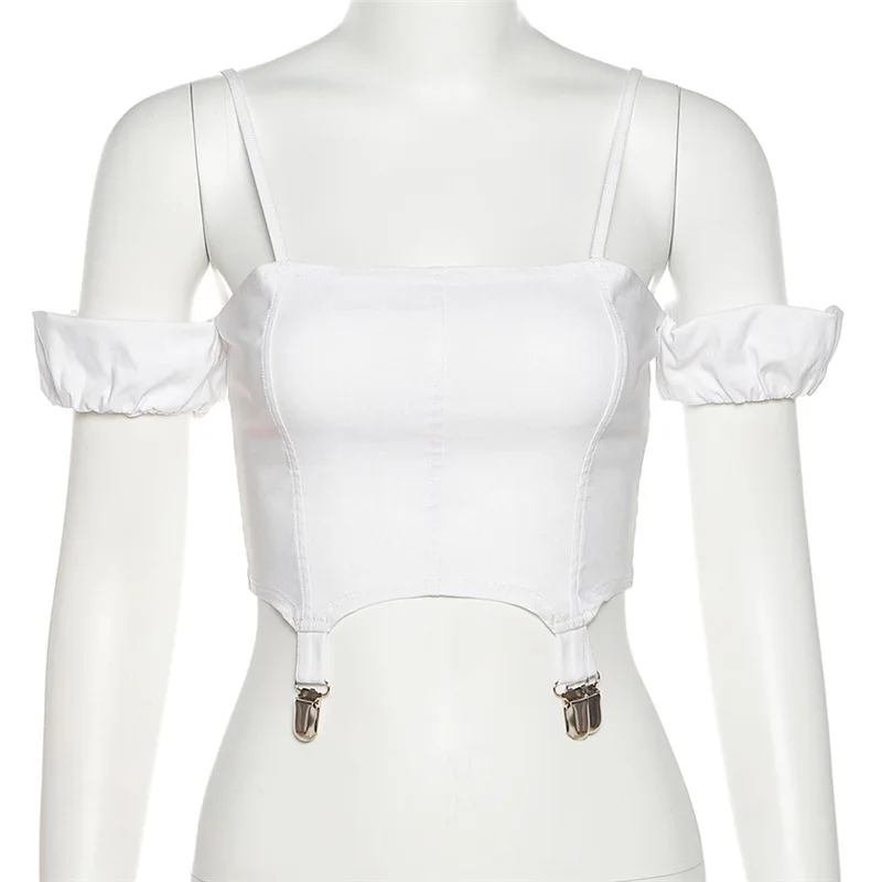 

Summer Ladies Tank Tops One Word Collar Sexy Pure Color Slim Navel Strappy Sexy Bandage Vest Women Street Casual Fashion 2021