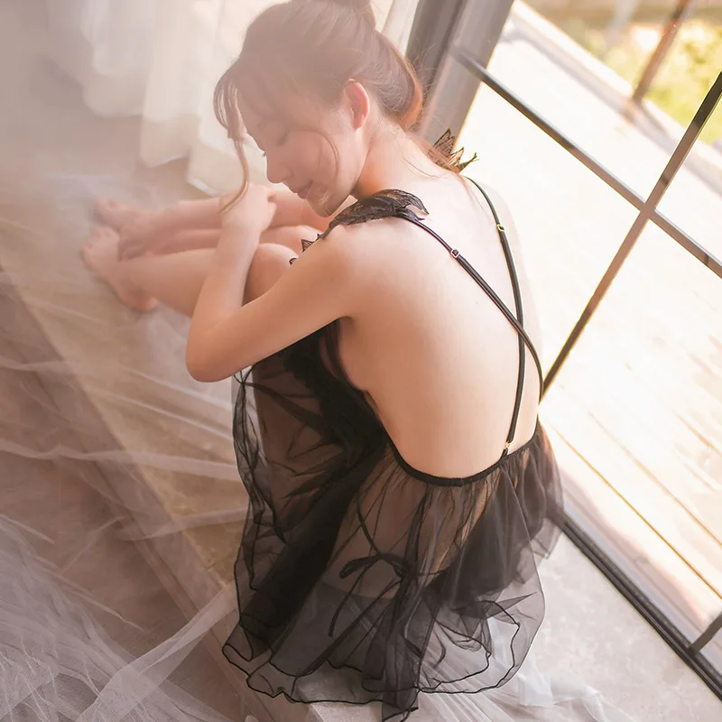 Летнее сексуальное Сетчатое Женское ночное белье черно белое кружевное платье с