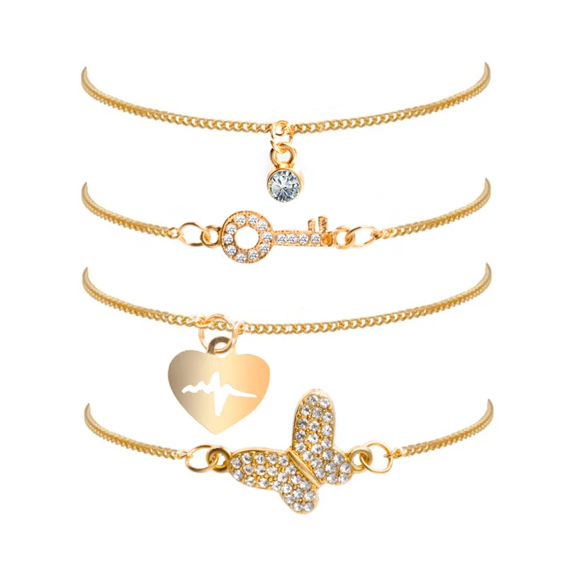 4 Pcs/Set Fashion Gold Bracelets Sets Key Butterfly Electrocardiogram Heart Round Rhinestone Cuff Bracelet Women Simple Jewelry | Украшения