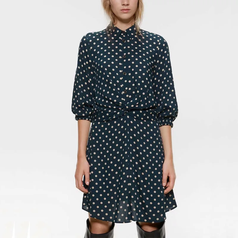 Женское платье рубашка в горошек повседневное дизайнерское со складками осень