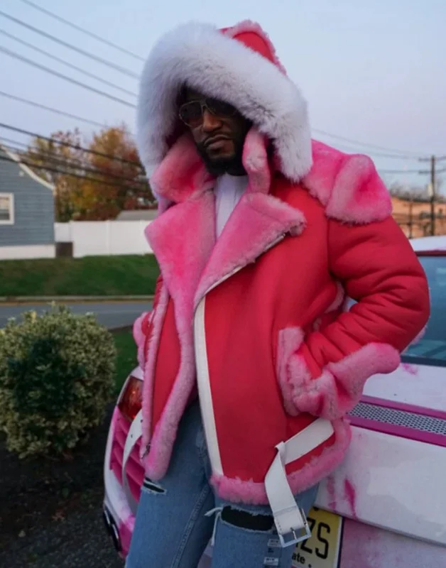

Pink Large Fur Collar Hooded Belt Buckle Plush Thickened Men's Leather Coat 6576