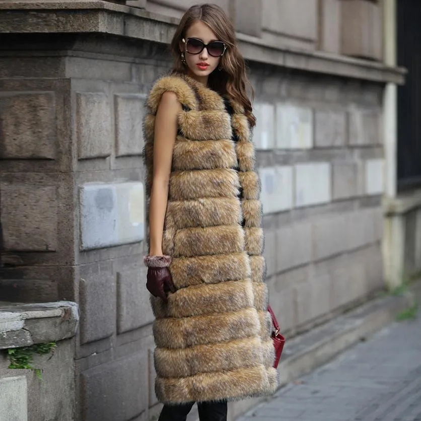 

S-4XL Autumn and winter new fashion brand long faux fox fur vest Europe style Slim fake fur long coat fox fur coat J21