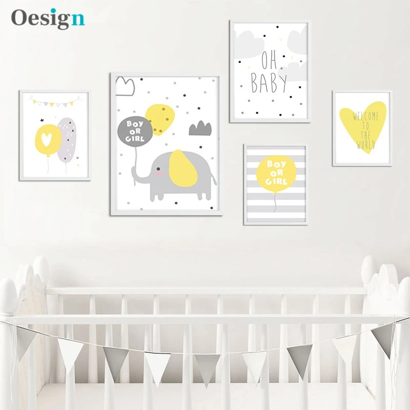 

Yellow Elephant Balloon Nursery Wall Art Poster and Print Canvas Painting Nordic Kids Decoration Pictures Baby Bedroom Decor