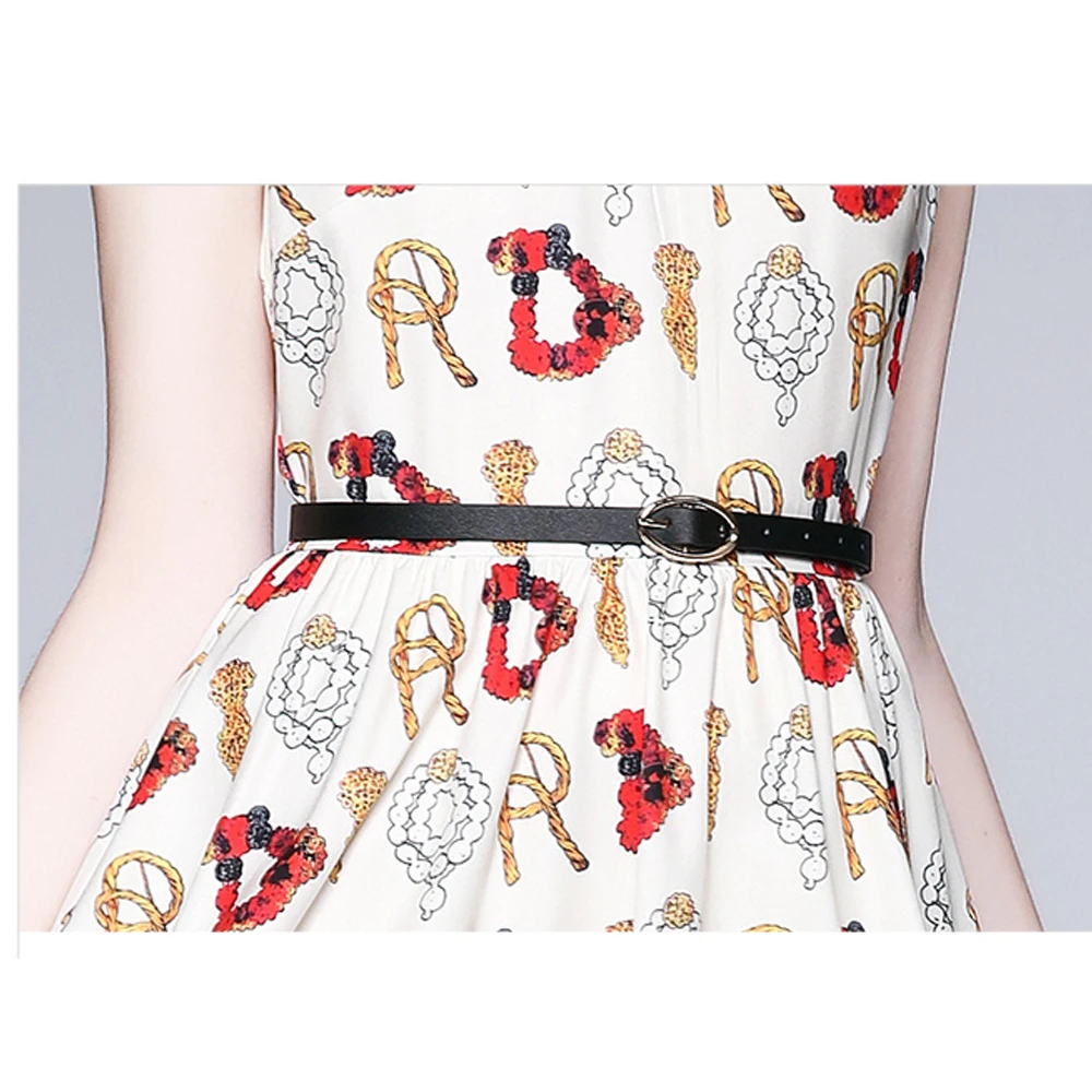 

Simgent Tank Dress Summer Women Sleeveless Belted Print A Line Elegant Print Flared Dresses Vestidos Robe Femme Korea SG1583