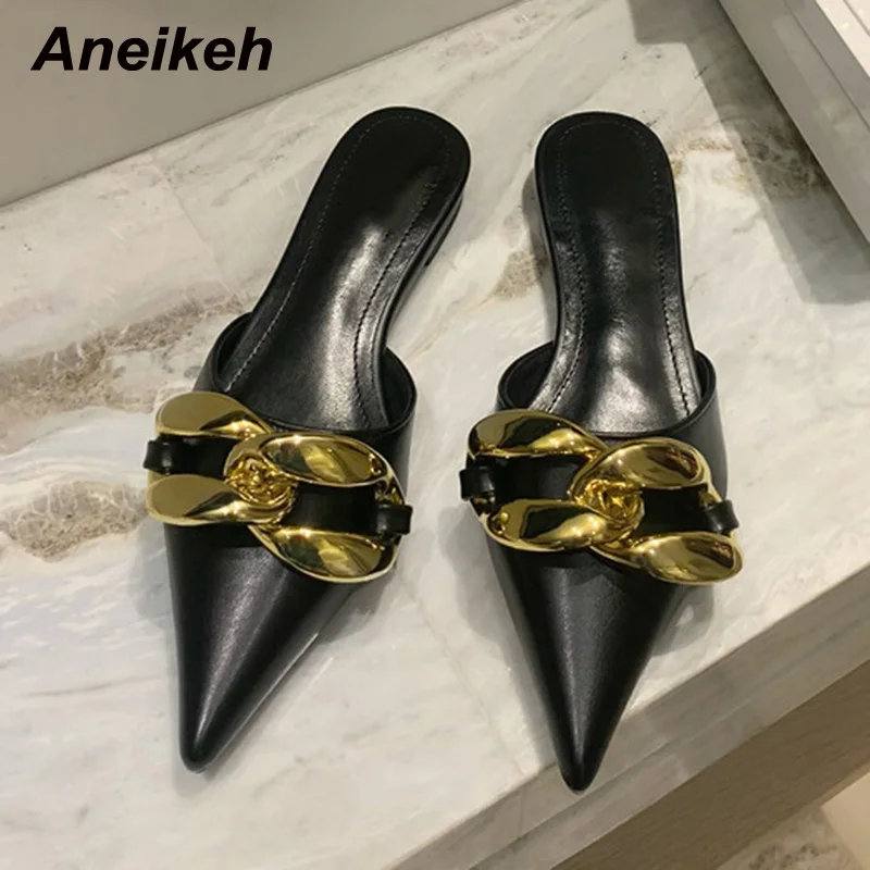 

Aneikeh 2022 Summer Pointed Toe Slippers Metal Decoration Stiletto Heels Bling Women Shoes PU Basic Fashion Sexy Outside Black