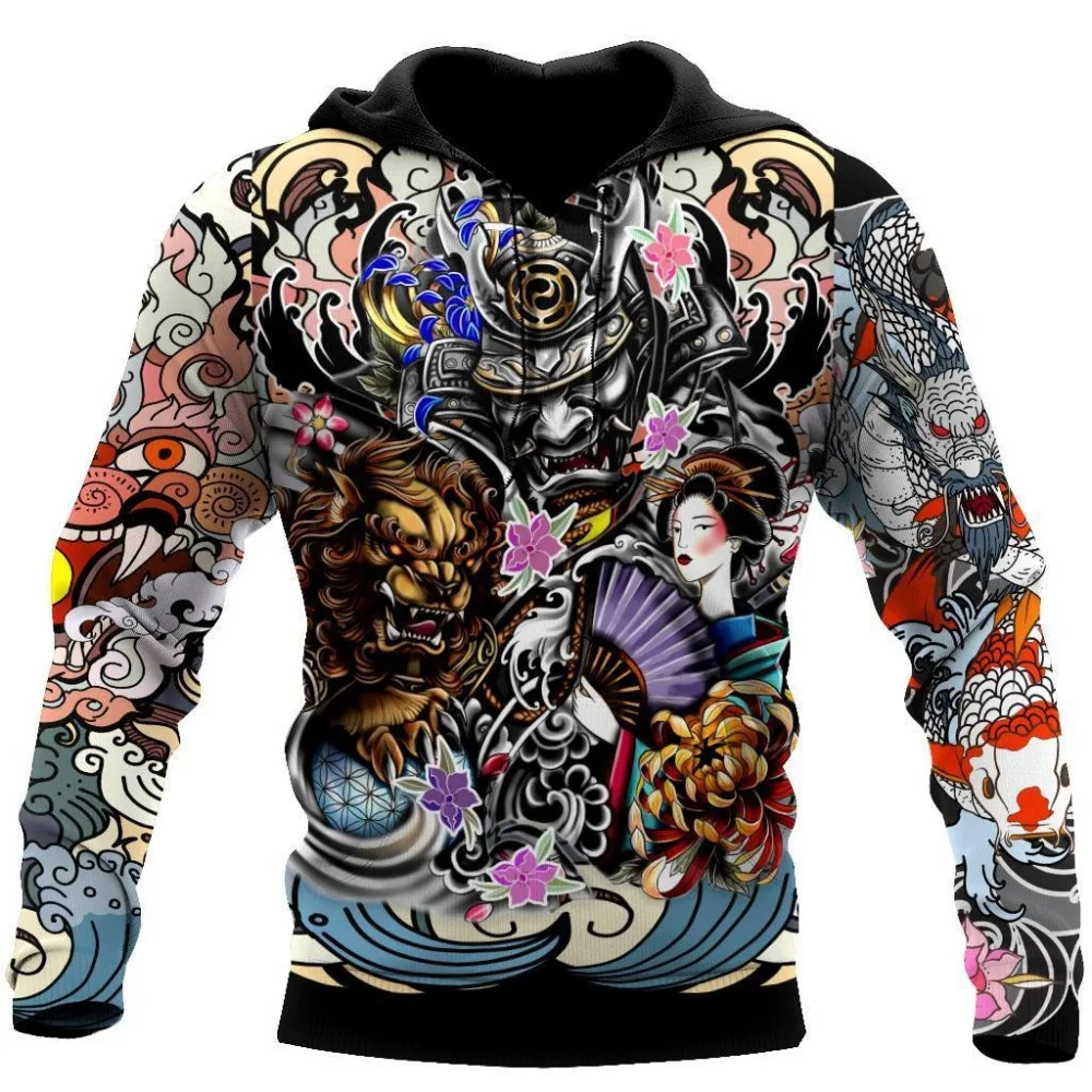 

Модные толстовки с капюшоном, Мужская толстовка унисекс с 3D рисунком самурая Гейша и лев, повседневные куртки на молнии в стиле Харадзюку