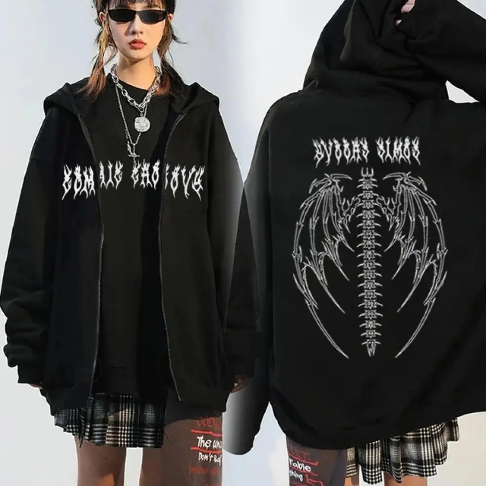

Y2K Gothic Print Hoodie Women Streetwear Vintage Harajuku Zip-Up Sweatshirt Oversized Hip-Hop Cool Couple Coat Winter Clothes