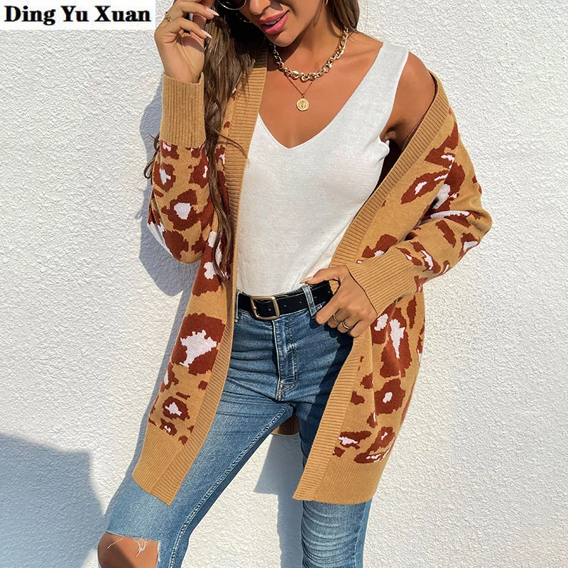 

Женский леопардовый длинный вязаный кардиган, повседневный свободный свитер с V-образным вырезом, пальто, женский осенне-зимний джемпер оверсайз, топы