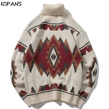 ICPANS, водолазка, мужской свитер, Новинка осени, модный принт, Аргайл, вязанные свитера, повседневный свободный винтажный пуловер для мужчин