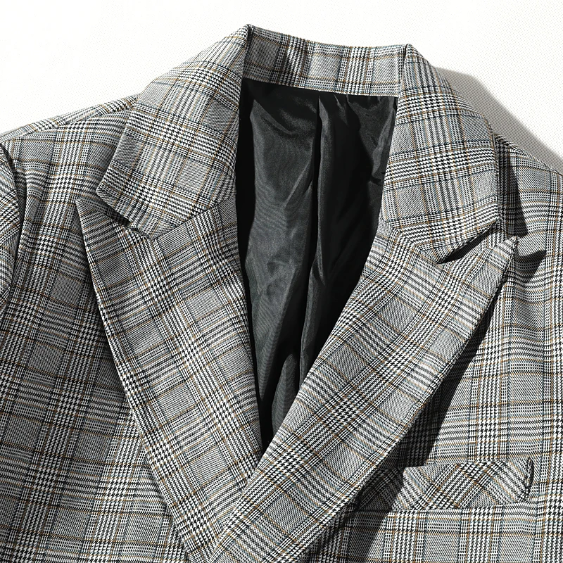 Мужской Клетчатый блейзер цвета хаки приталенный деловой пиджак в клетку для