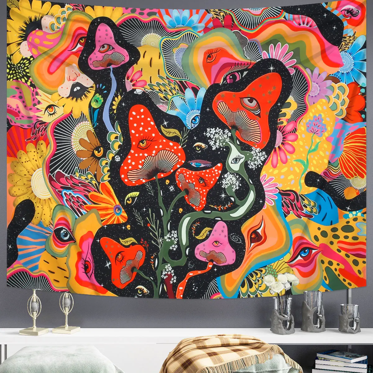 

Psychedelic Flower Tapestry Wall Hanging Botanical Celestial Floral Tapestry Hippie Eye Wall Carpets Dorm Decor Starry SkyCarpet