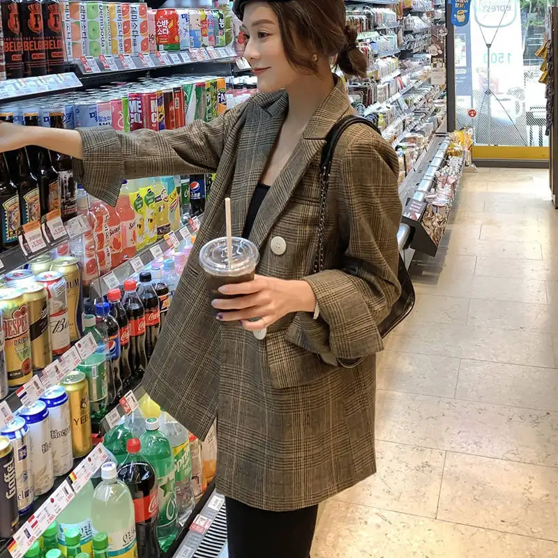 Женская клетчатая куртка Блейзер 2020 весна осень пальто|Женские пиджаки| |