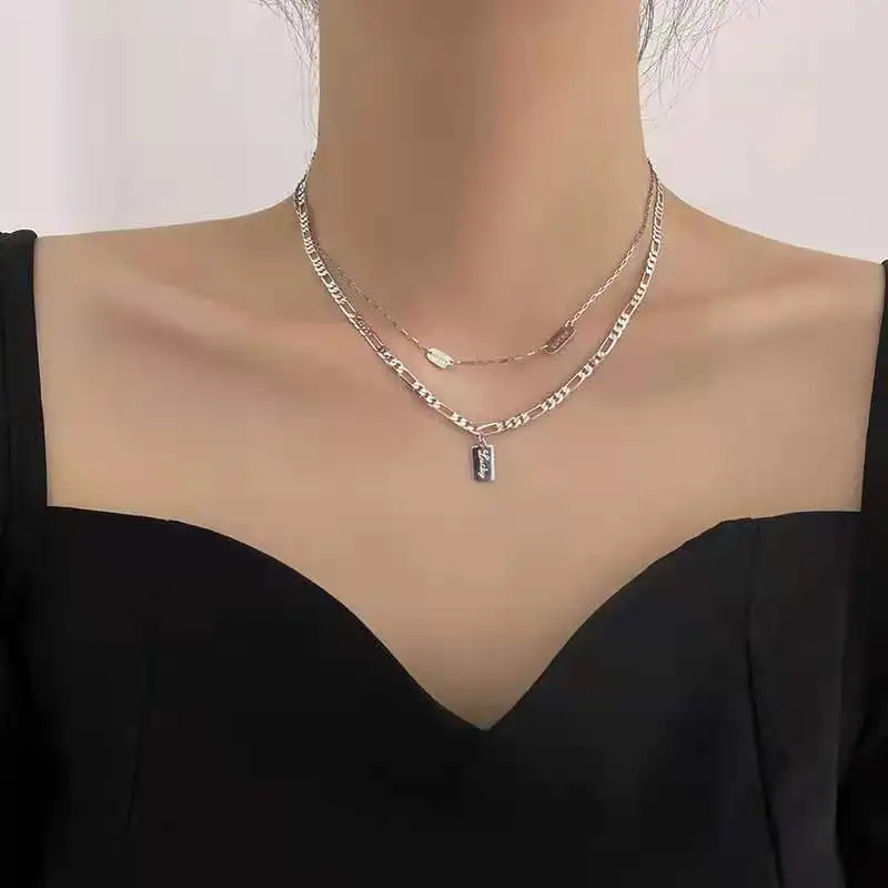 

2021 new double layered stacked square brand Pendant Necklace women's new fashion summer hip hop clavicle chain simple