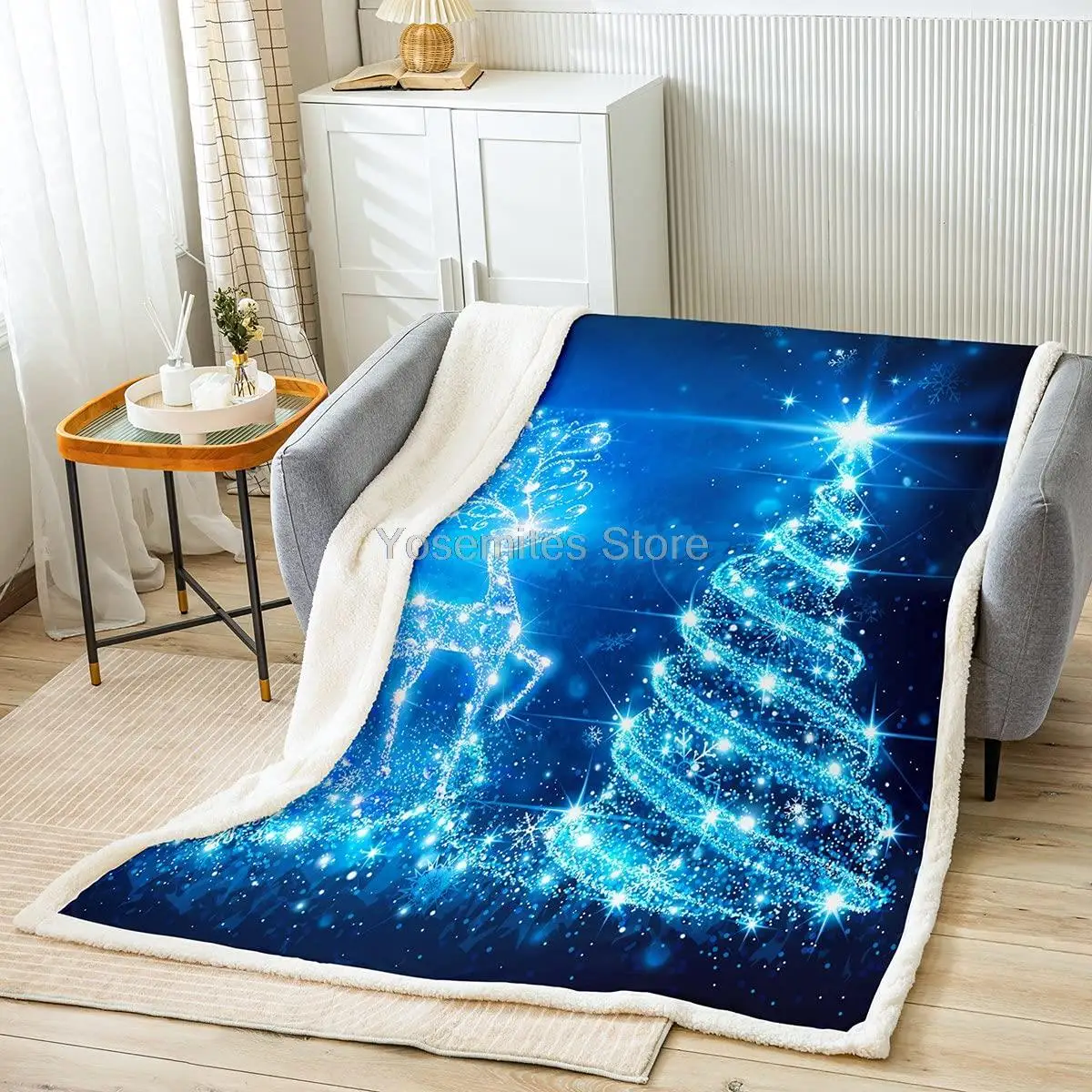 

Blue Christmas Tree Fleece Throw Blanket Soft Cozy Shiny Reindeer Sherpa Blanket for Kids Women Adults Merry Christmas Plush