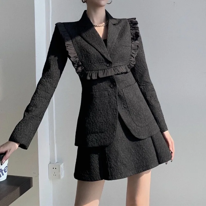 

Black White Women High Waisted Skirt 2021 Office Suits Blazer Two Piece Suit Set Retro Ruffled Jacket Spring Autumn Aesthetic OL