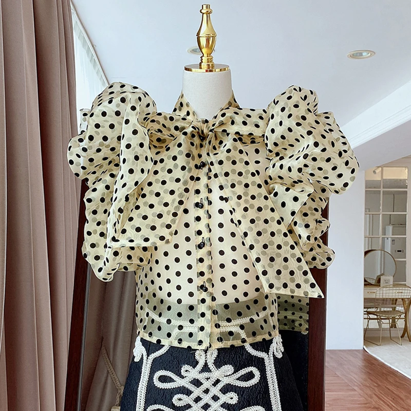 

MENKAY 2021 Summer Fashion Single Breasted Vintage Style Puff Sleeve Polka Dot Bow Blouse Women Shirt Lady Blusas Tops