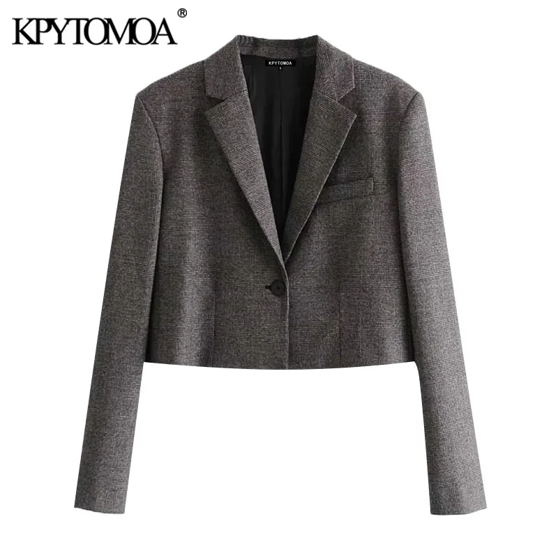 

KPYTOMOA Women Fashion Single Button Cropped Check Blazer Coat Vintage Long Sleeve Female Outerwear Chic Veste Femme