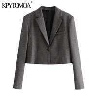 kpytomoa women 2021 fashion single button cropped check blazer coat vintage long sleeve female outerwear chic veste femme