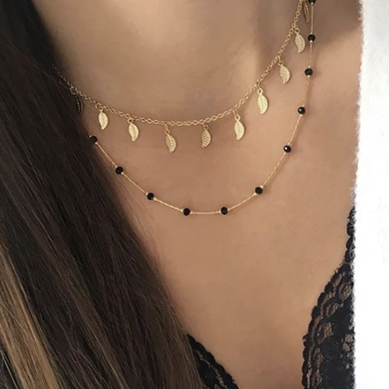 

docona Bohemia Black Beads Leaf Pendant Necklace for Women Multilayer Gold Chains Necklaces Party Jewelry Collares 8384