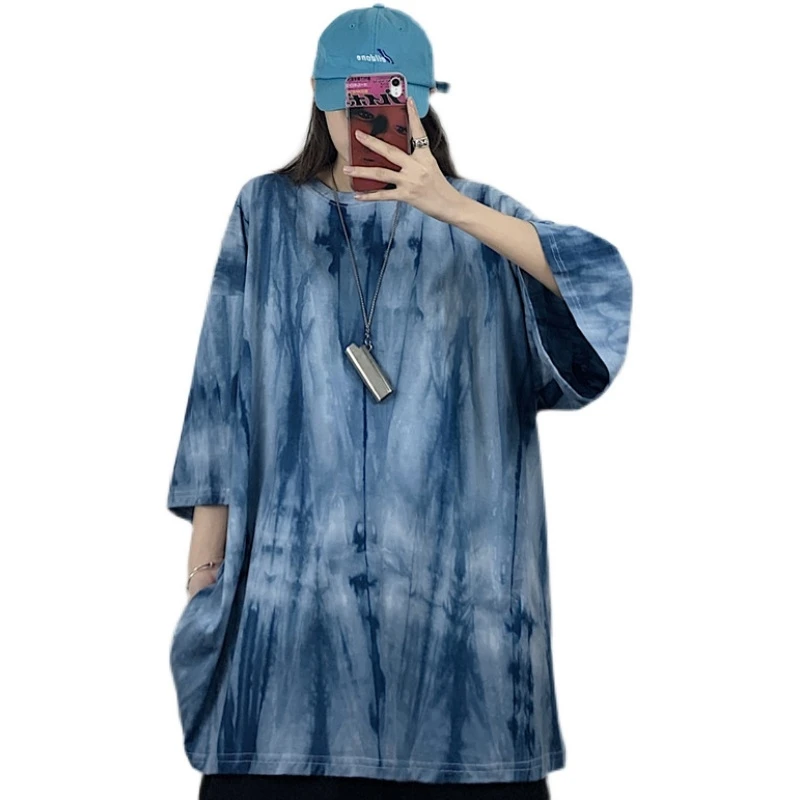 

Fat Girl Summer 300 Jin Dark Tie-Dyed T-shirt Women's Short Sleeve plus Size Women's Clothing 240 Loose Student Ins Top